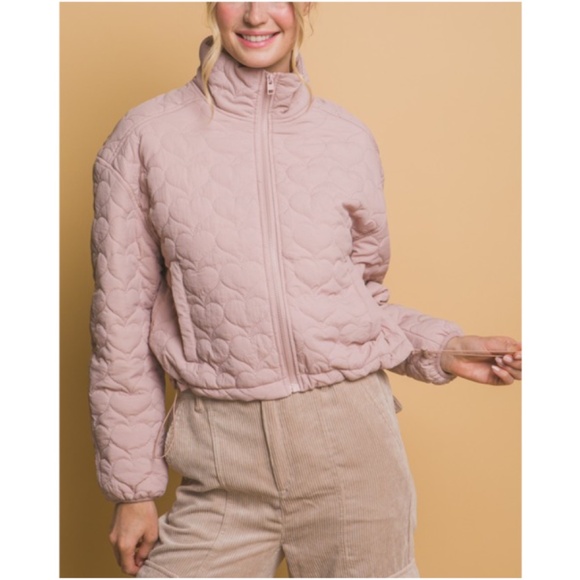 Cozy Blush Pink Heart Quilted Pockets Travel Bomber Jacket - Picture 5 of 6